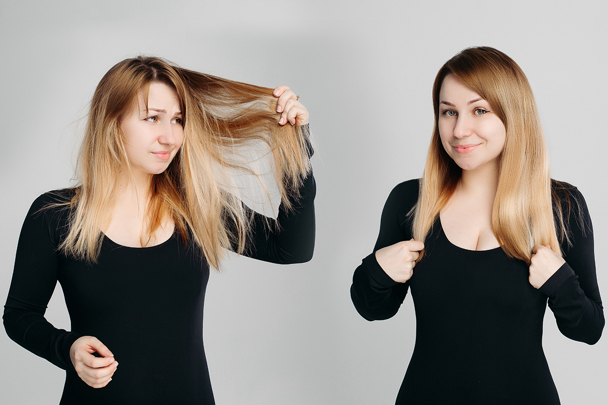 Collage of blonde with hair after and before beauty salon.